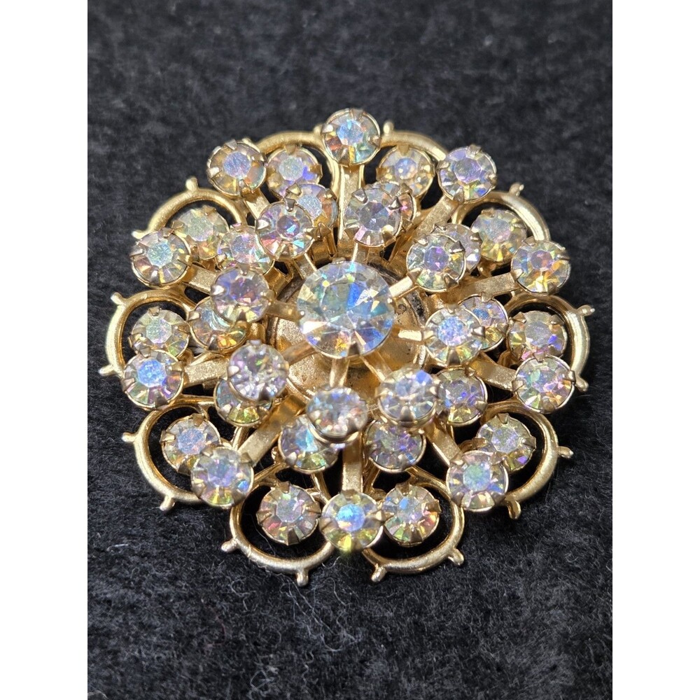 Aurora Borealis Rhinestone Starburst Brooch – Vintage Style Gold Tone Floral Pin